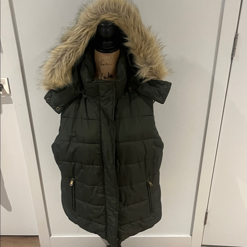 Banana Republic Olive Green Puffer Vest with Faux Fur Hood